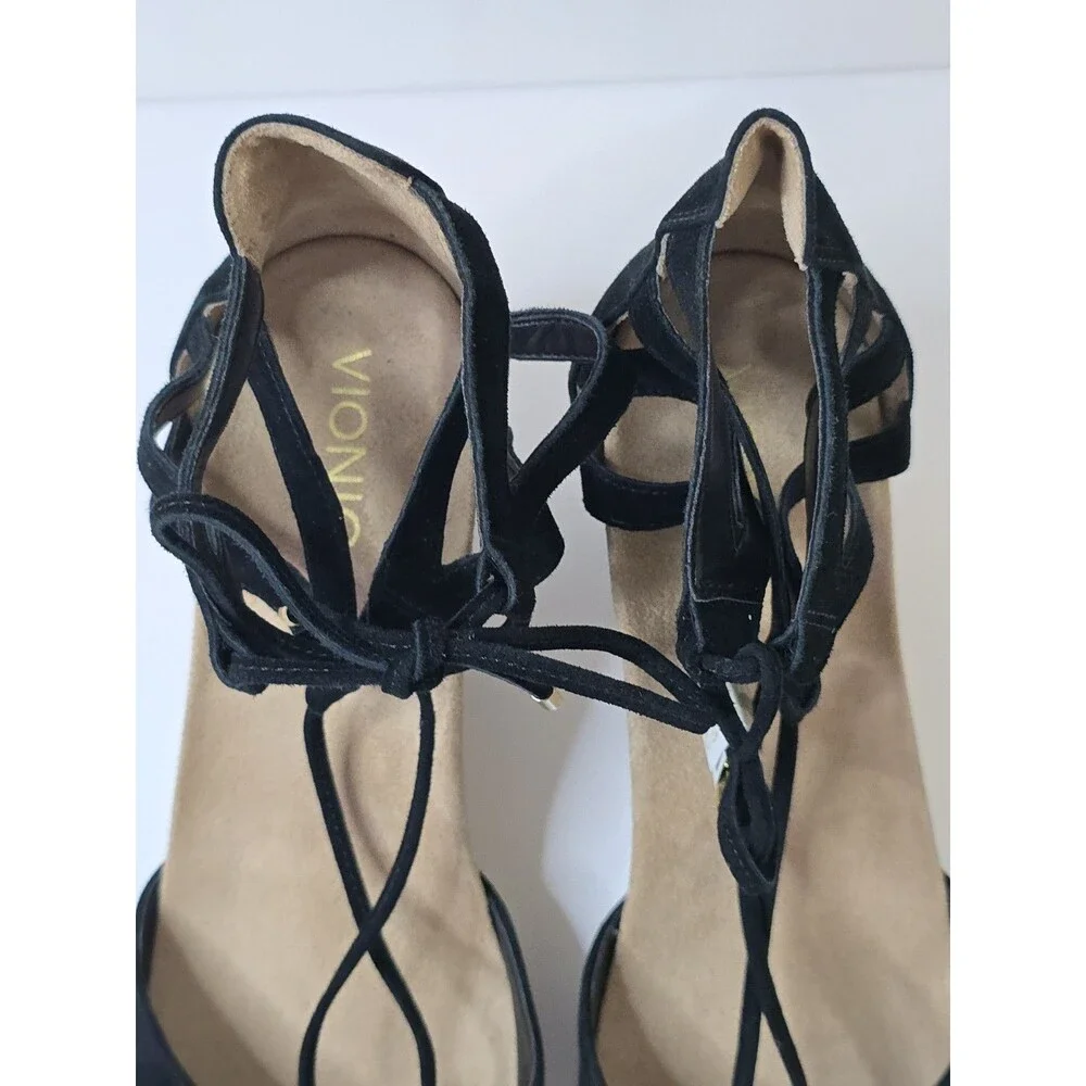 Vionic Calypso Espadrille Wedge Sandals Black Suede Lace Up Women's Size 11